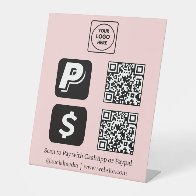 Rosa QR-Code | Scan-to-Pay-Logo von CashApp & PayP Sockelschild (Vorderseite)