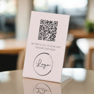 Rosa QR-Code Weißes Menü Logo Modernes Restaurant Sockelschild