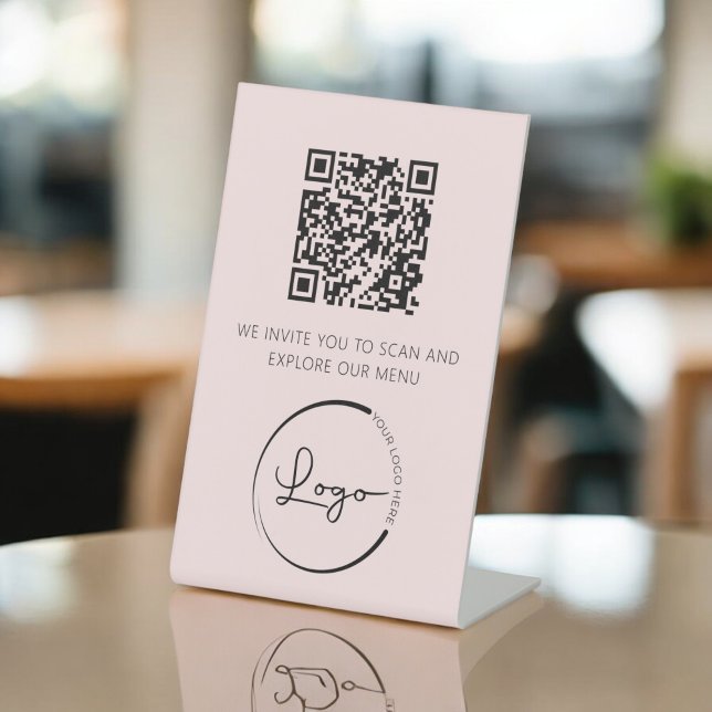Rosa QR-Code Weißes Menü Logo Modernes Restaurant Sockelschild (Von Creator hochgeladen)