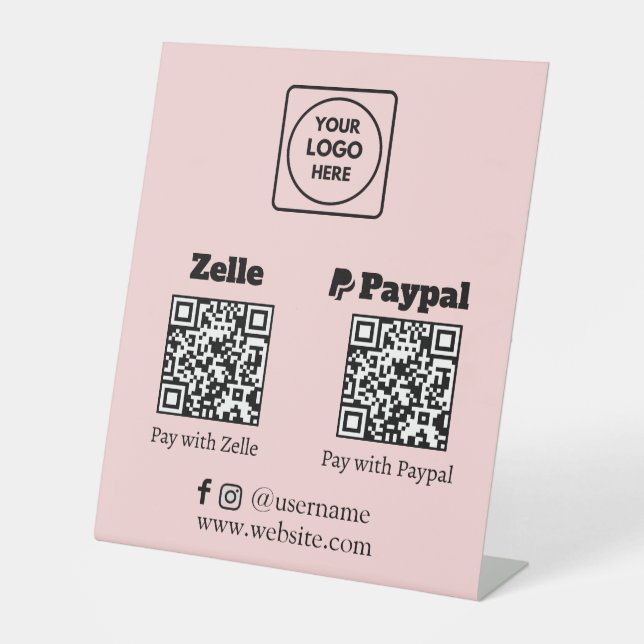 Rosa QR-Code | Zelle PayPal Scan-to-Pay-Logo Sockelschild (Vorderseite)