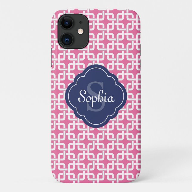 rosa Quadratzenkettenmuster Blaues Monogramm Case-Mate iPhone Hülle (Rückseite)