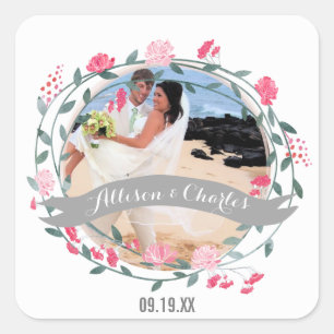 Rosa Quarz Rosa Personalisiertes Hochzeitsfoto Quadratischer Aufkleber