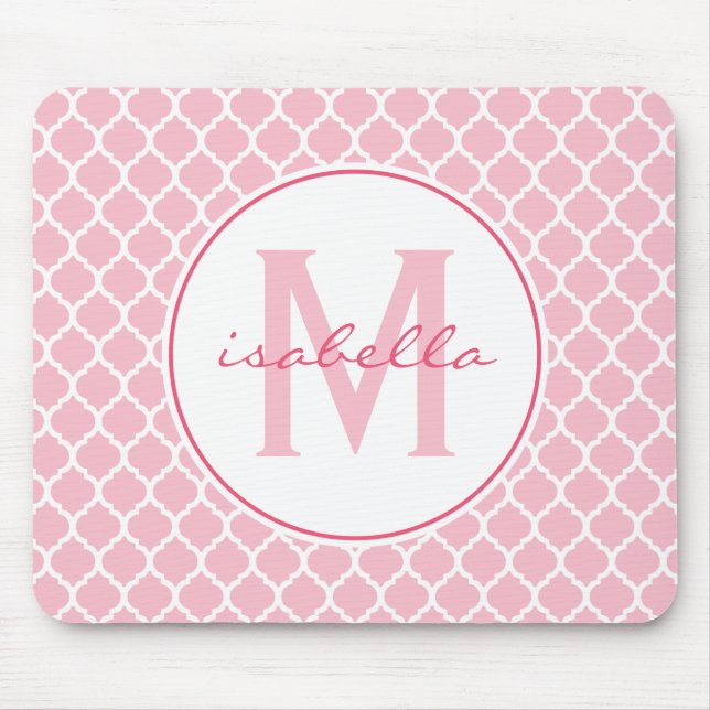 Rosa Quatrefoil Monogramm Mousepad (Vorne)