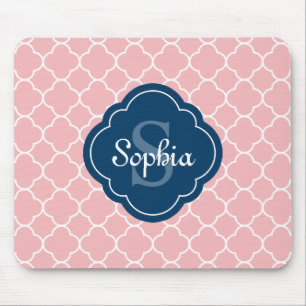 rosa Quatrefolienmuster Navy Monogram Mousepad
