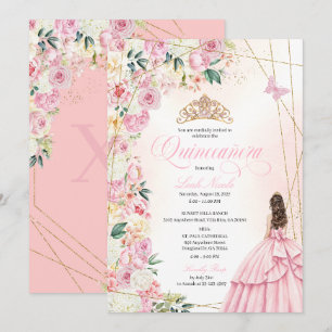 Rosa Quinceañera-Blumen- und Gold-Glitter-Prinzess Einladung