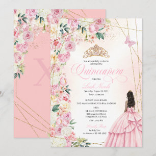 Rosa Quinceañera-Blumen- und Gold-Glitter-Prinzess Einladung