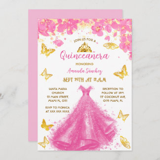 Rosa Quinceanera Blumendruckerkleidung und Tiara Einladung