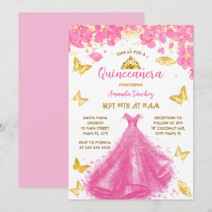 Rosa Quinceanera-Blumenprinzessinnenkleid & Diadem Einladung