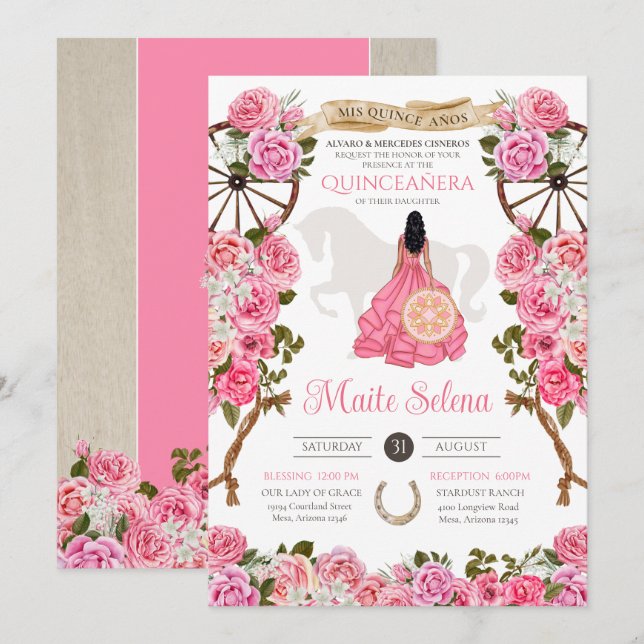 Rosa Quinceanera Elegante Rose Western Charra Einladung (Vorne/Hinten)