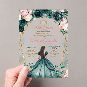 Rosa Quinceañera Emerald Green Gold Crown Floral Acryleinladungen