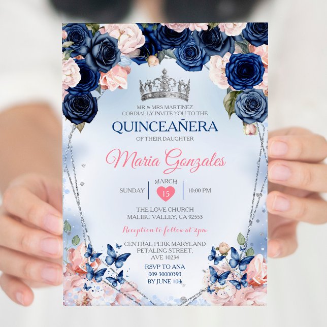 Rosa Quinceañera Kronenschmetterling 15 Anos Einladung (Von Creator hochgeladen)