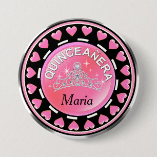 Rosa Quinceanera Prinzessin Tiara Love Hearts   Button
