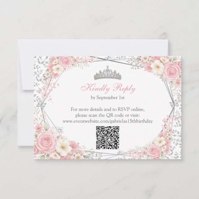Rosa Quinceañera Silber-Schmetterling  RSVP Karte (Vorderseite)