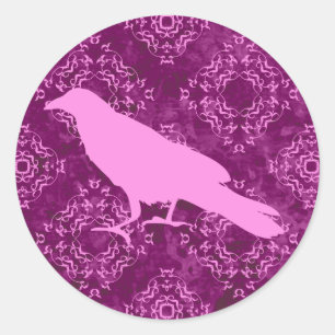 Rosa Rabe auf rosa und lila geometrischem Damast Runder Aufkleber