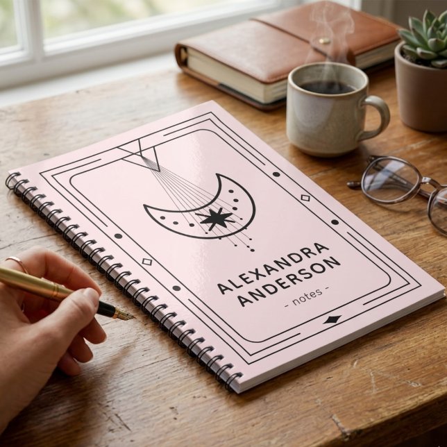 Rosa Rahmen Himmelstern Halbmond Notizblock (Geometric Celestial Crescent Moon Pink Notebook)