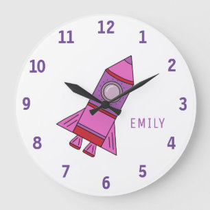 Rosa Raketenschiff Mädchen Name Girl Space Große Wanduhr