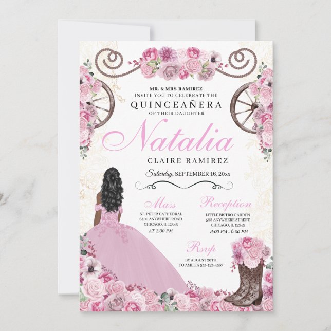 Rosa Ranchero Princess Dress Quinceanera Einladung (Vorderseite)