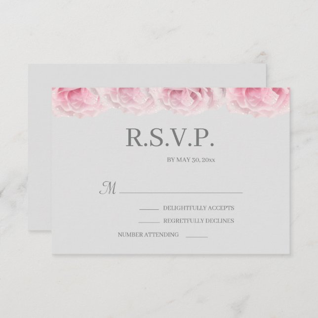 Rosa Real Rose Blume Elegantes Grey Wedding RSVP Einladung (Vorne/Hinten)