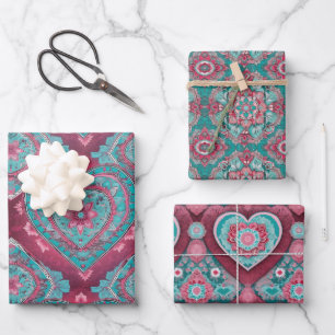 Rosa Red & Aqua Valentine's Day Heart Mandala Geschenkpapier Set
