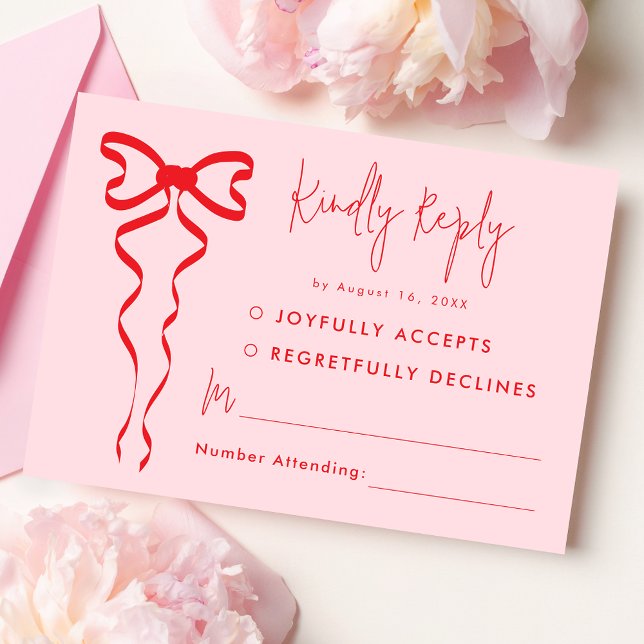 Rosa Red Bow Modern Wedding RSVP Card Karte (Von Creator hochgeladen)