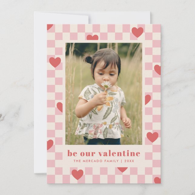 Rosa Red Checkerboard Herz Valentine's Day Card Einladung (Vorderseite)