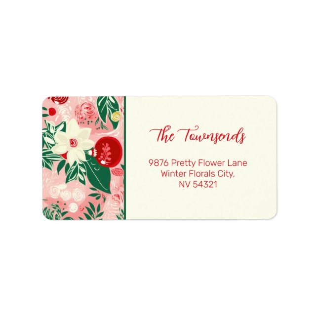 Rosa Red Christmas Floral Rücksendeadresse Adressaufkleber (Vorne)