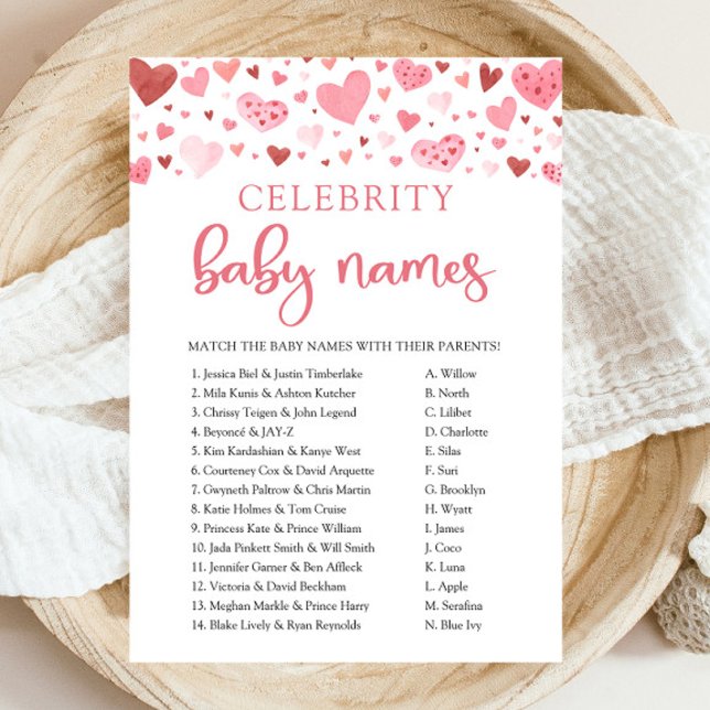 Rosa Red Hearts Valentine Celebrity Baby Name Game Einladung (Watercolor Pink Red Hearts Valentine Little Sweetheart Girl Celebrity Baby Names Baby Shower Game)