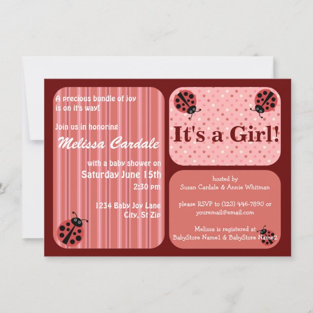 Rosa Red Ladybug Baby Shower Invitations Girl Einladung (Vorderseite)
