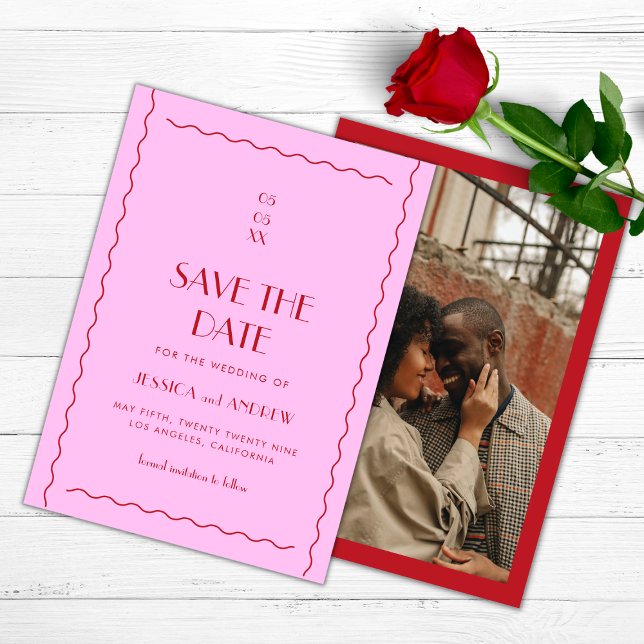 Rosa Red Retro Wavy Seventies Hochzeit Save The Date (Von Creator hochgeladen)