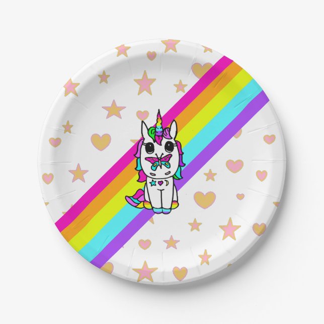 Rosa Regenbogen Einhorn mit Schmetterling auf Nase Pappteller (Vorderseite)