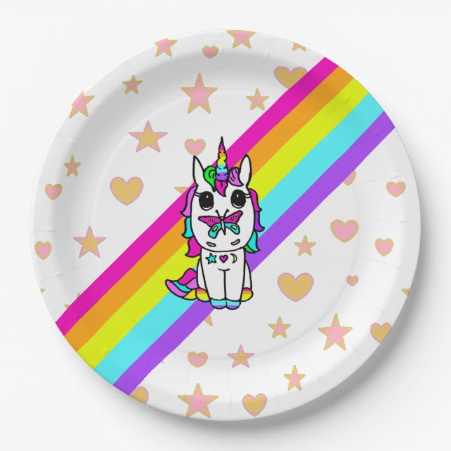 Rosa Regenbogen Einhorn mit Schmetterling auf Nase Pappteller (Vorderseite)