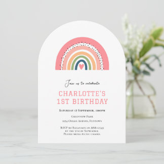 Rosa Regenbogen Einladung zum 1. Geburtstag