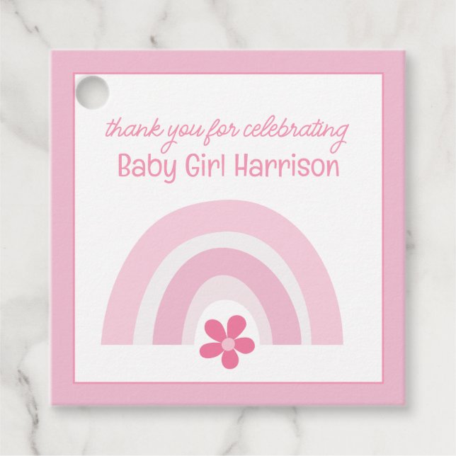 Rosa Regenbogen und Blume Kinderdusche Geschenkanhänger (Vorderseite)