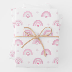 Rosa Regenbogen und Blume Kinderdusche Geschenkpapier Set