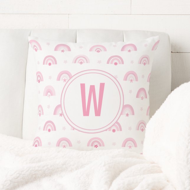 Rosa Regenbogen und Blume Monogramm Kinderzimmer Kissen (Von Creator hochgeladen)