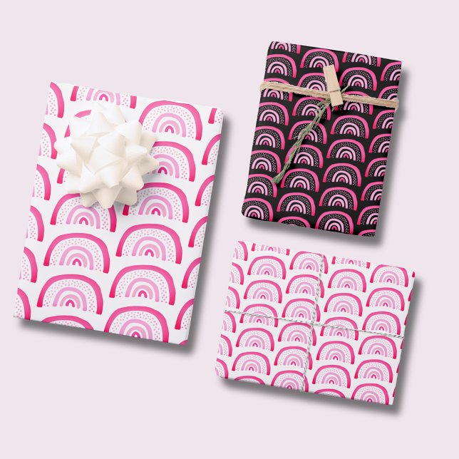 Rosa Regenbogenmuster Geschenkpapier Set (Mixed pack of rainbow wrapping paper sheets.  Colorful pink rainbows with white or black background.)
