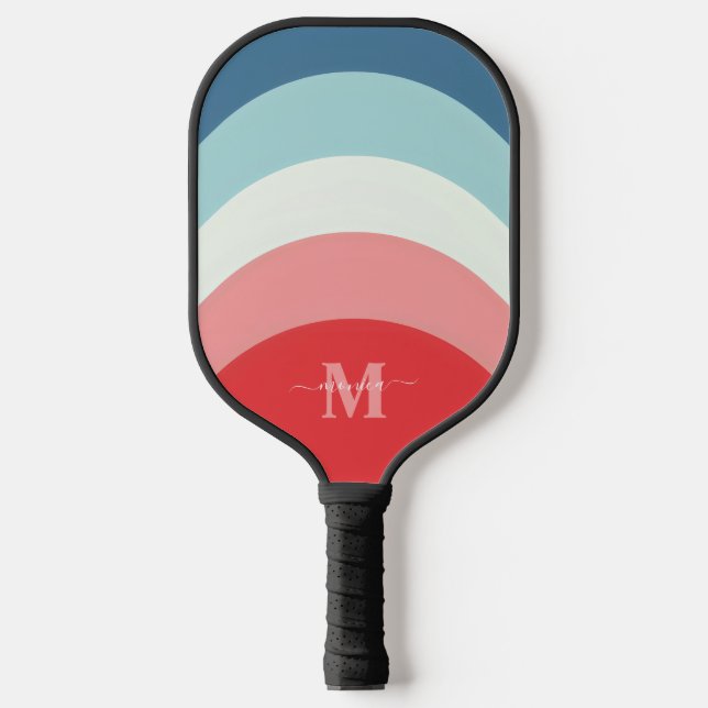 Rosa Regenbogenstreifen Monogramm Name Pickleball Schläger (Vorderseite)