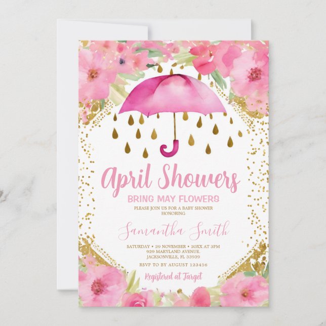 Rosa Regenschirm im April Duschen bringen Mai Blum Einladung (Vorderseite)
