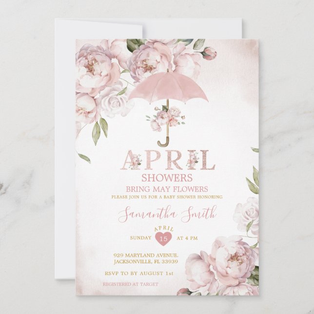 Rosa Regenschirm im April Duschen bringen Mai Blum Einladung (Vorderseite)