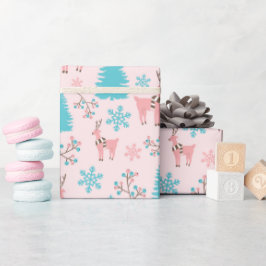 Rosa Reindeer Blaue Pine Tree & Berry Zweigstelle Geschenkpapier