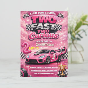 Rosa Rennwagen Two Fast Two Curious 2. Geburtstag Einladung