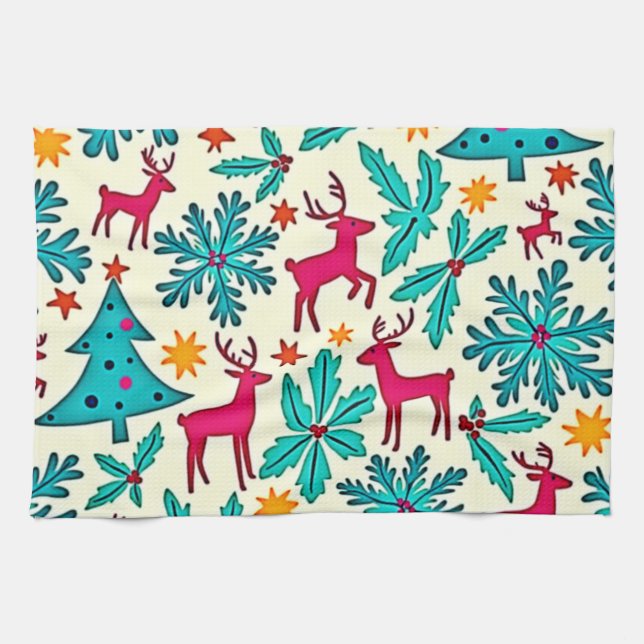 Rosa-Rentier-Tealbaum-Musterdesign Geschirrtuch (Horizontal)
