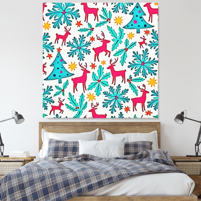 Rosa-Rentier-Tealbaum-Musterdesign Leinwanddruck (Insitu (Schlafzimmer))
