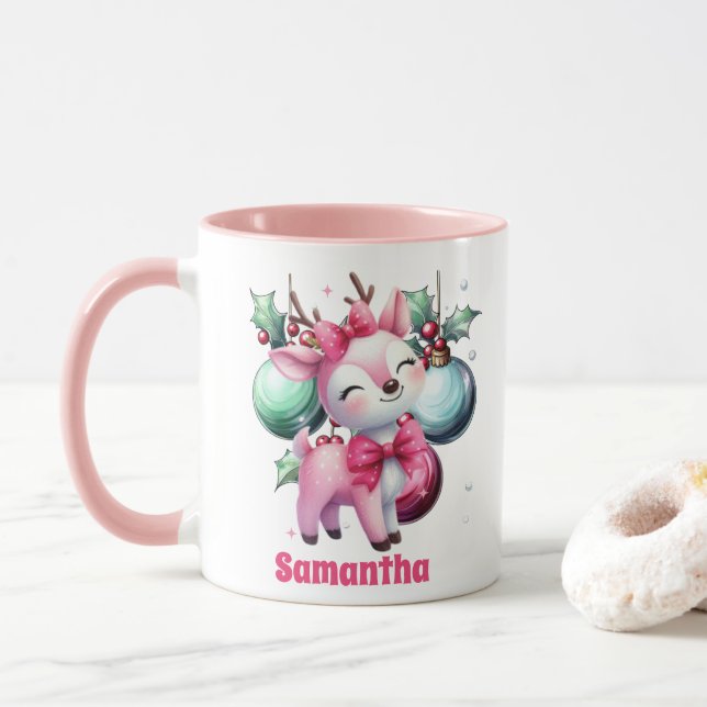 Rosa Rentier Weihnachtskids Heiße Schokolade Tasse (Mit Donut)