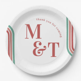 Rosa | Retro 70 Streifen | Hochzeitsmonogramm Pappteller