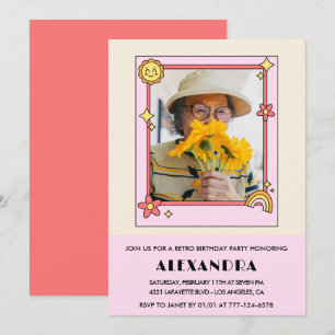 Rosa Retro-70er Jahre Groovy-Foto 99. Geburtstag Einladung