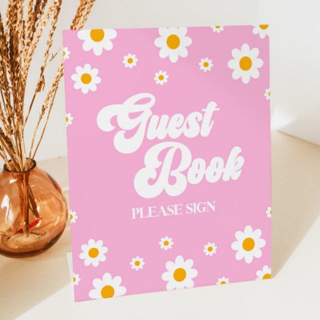 Rosa Retro 70's Daisy Blume Guest Book Party Sign Sockelschild (Von Creator hochgeladen)