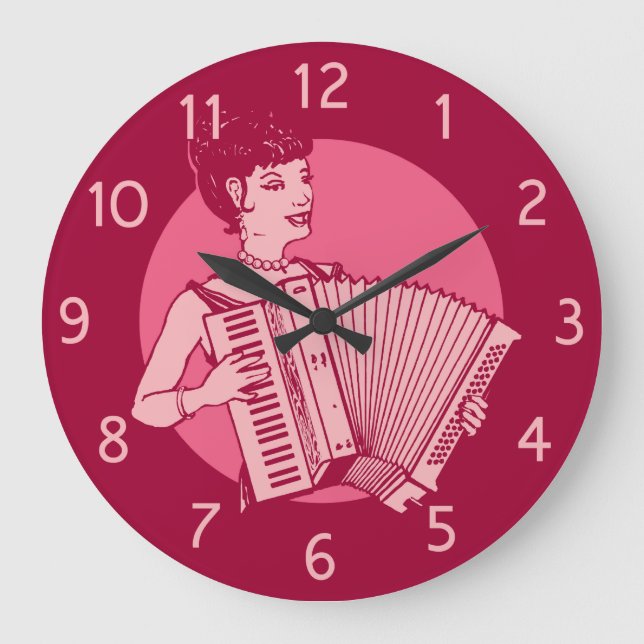 Rosa Retro Accordion Lady Große Wanduhr (Vorderseite)