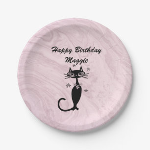 Rosa Retro-Atom-Katze-Papierteller Pappteller