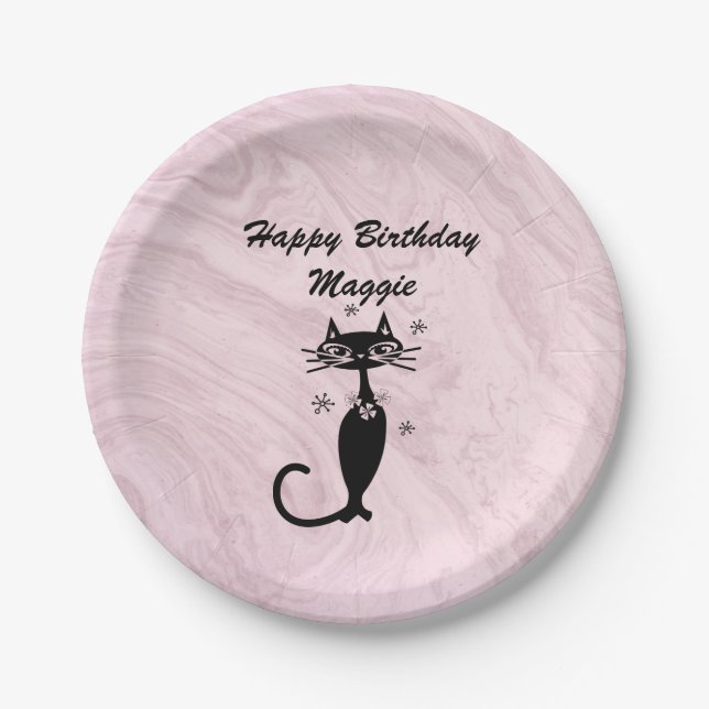 Rosa Retro-Atom-Katze-Papierteller Pappteller (Vorderseite)